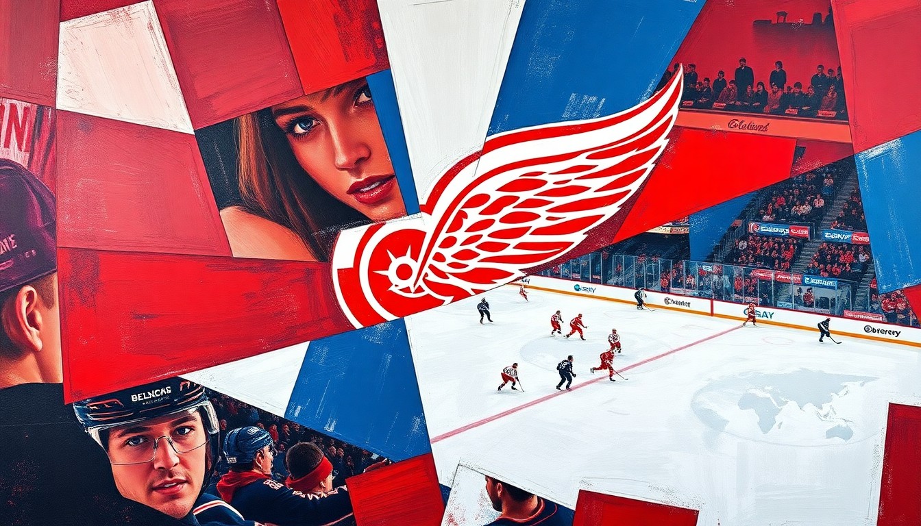 A cubist, geometric painting depicting a hockey game with overlapping planes of red, white, and blue, conceptually representing the high-stakes, fractured nature of the Red Wings' playoff push.
