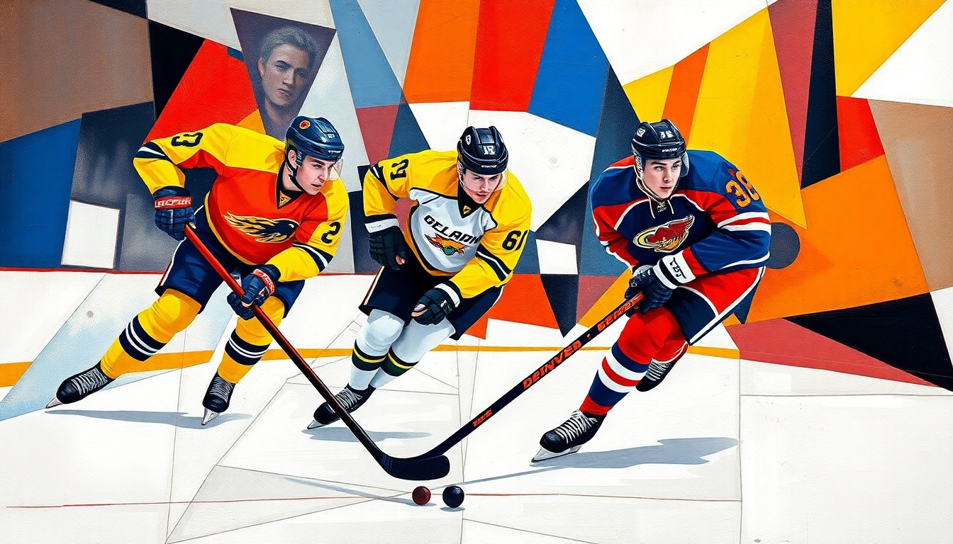 A fragmented, geometric painting depicting the intense action and movement of a hockey game, with the players' forms broken down into angular, overlapping shapes in shades of blue, gold, and red.