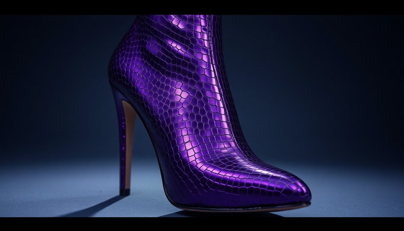 An extreme close-up of a metallic purple high heel shoe with a reptilian-inspired texture, shot in dramatic high-contrast lighting to create a glamorous, high-fashion aesthetic.