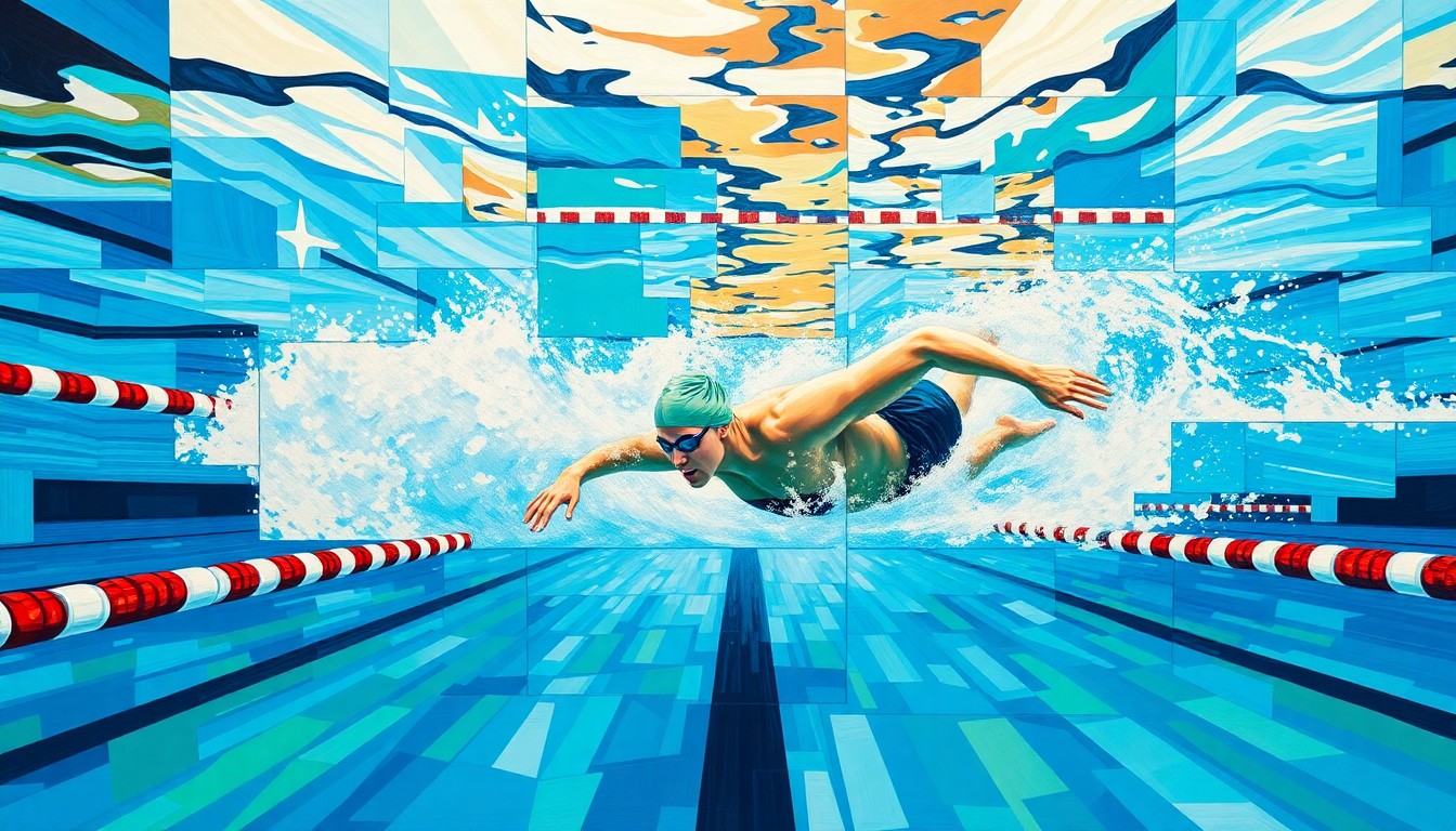A cubist, geometric painting depicting a fractured, multi-perspective view of a swimming competition, with sharp planes of vibrant blues, greens, and whites representing the pool and water. The image captures the energy and dynamism of the young athletes' performances.