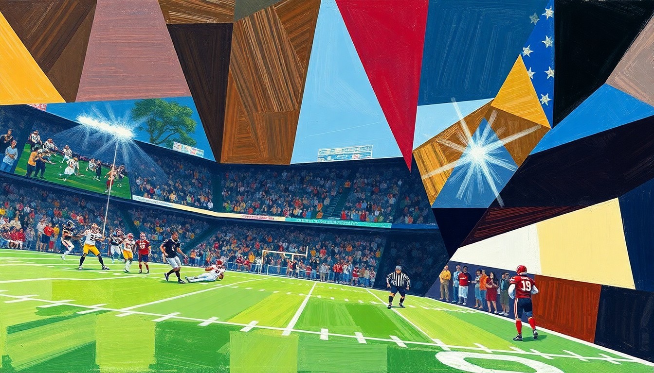 A cubist-style painting depicting a college football game, with the players and field broken down into sharp, overlapping geometric shapes and planes in a vibrant color palette, conveying the intensity and drama of the championship matchup.