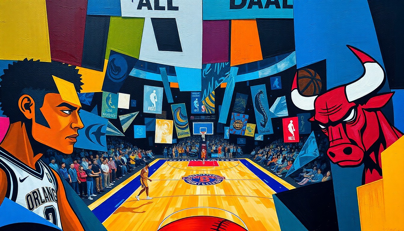 A cubist, geometric painting depicting a basketball game in progress, with the court, players, and ball broken down into sharp, overlapping planes of vibrant colors, creating a dynamic and abstract visual representation of the game's action.