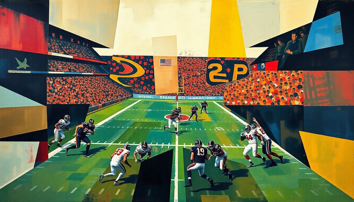 A fractured, geometric painting depicting a college football game, with players and the field broken down into sharp, overlapping planes of color and abstract shapes.