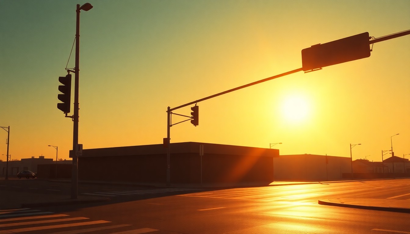 A serene, cinematic painting of a lone traffic light at a quiet intersection, the light casting warm, diagonal shadows across the empty street, capturing the contemplative mood of the red light camera debate.