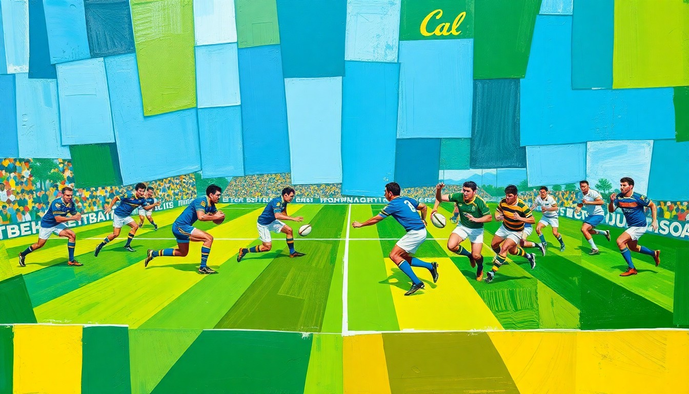 A cubist, geometric painting depicting a rugby match, with overlapping planes of blue, green, and gold representing the competing teams in an abstract, fragmented style.