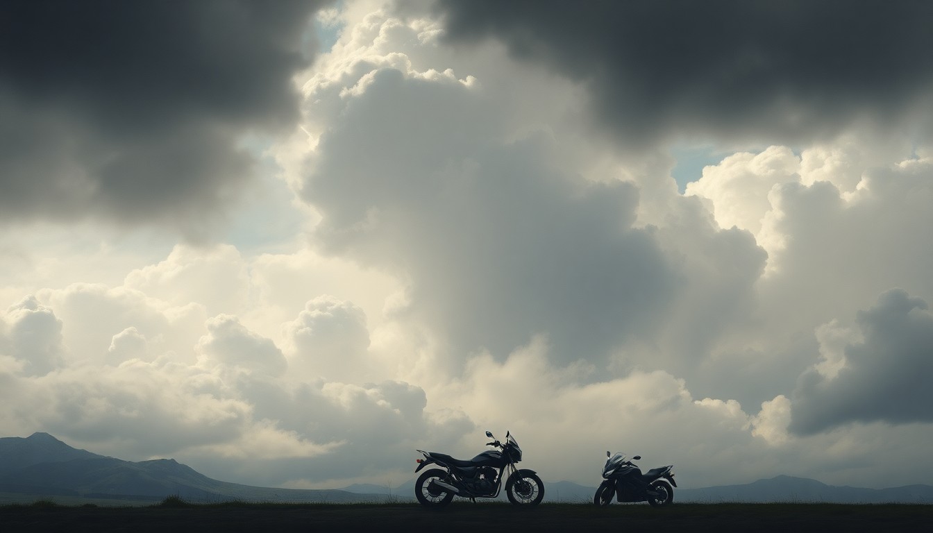 A heavily textured, atmospheric landscape painting in muted greys and blues, with the faint silhouettes of a damaged car and motorcycle barely visible in the foreground, conceptually representing the insignificance of human tragedy in the face of nature's sublime force.