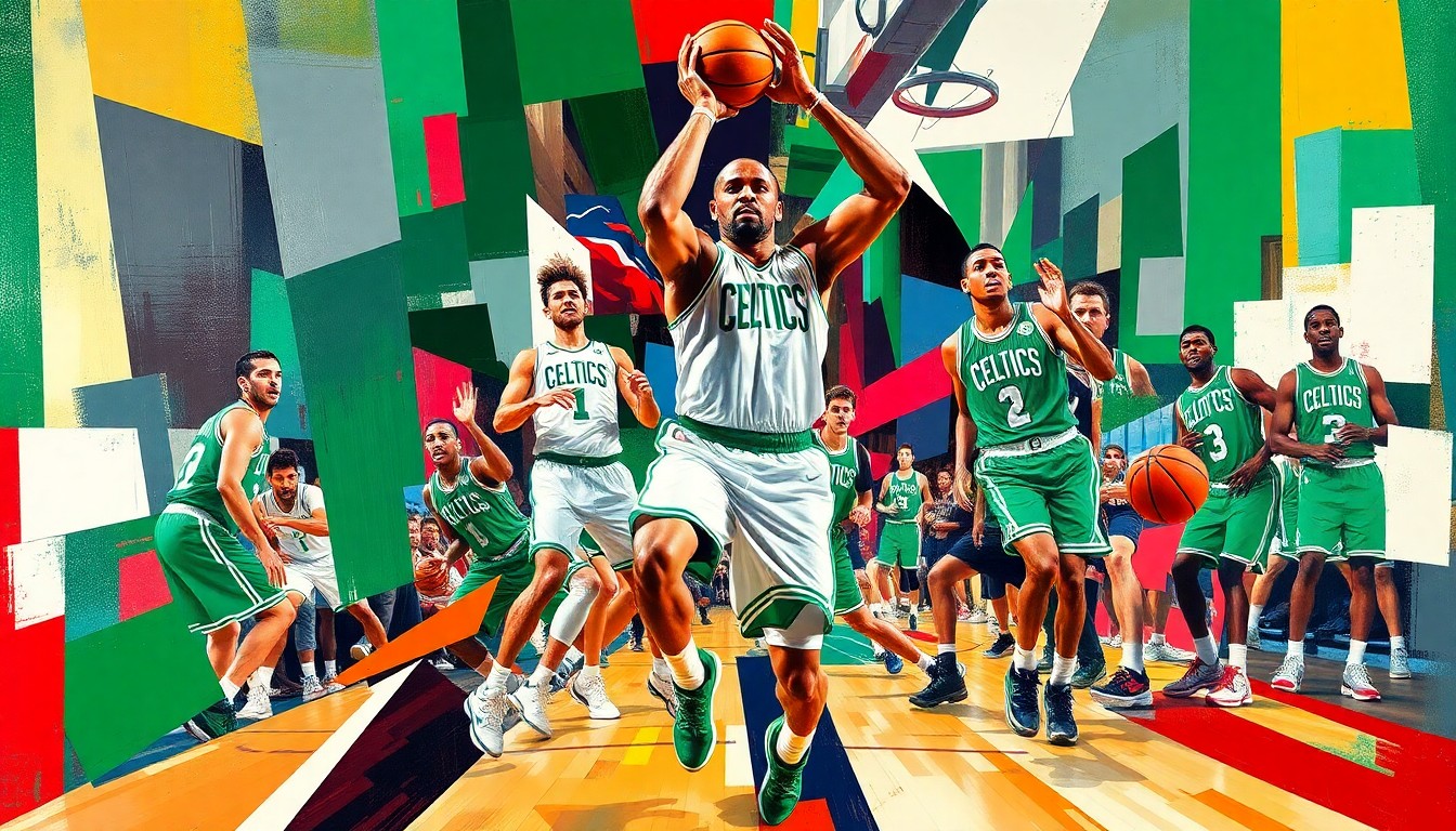 A cubist, geometric painting depicting the fragmented movements and energy of a basketball player on a basketball court, with the Celtics' green and white colors prominent throughout the abstract composition.