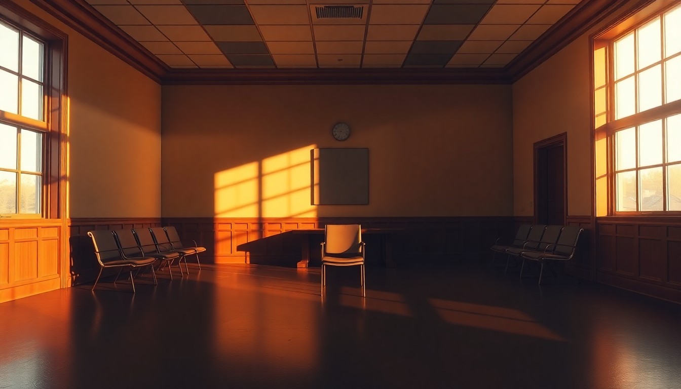 A dimly lit, cinematic interior space with a single chair or desk as the focal point, casting long shadows across the floor and walls, conveying a sense of solitude and bureaucratic detachment.
