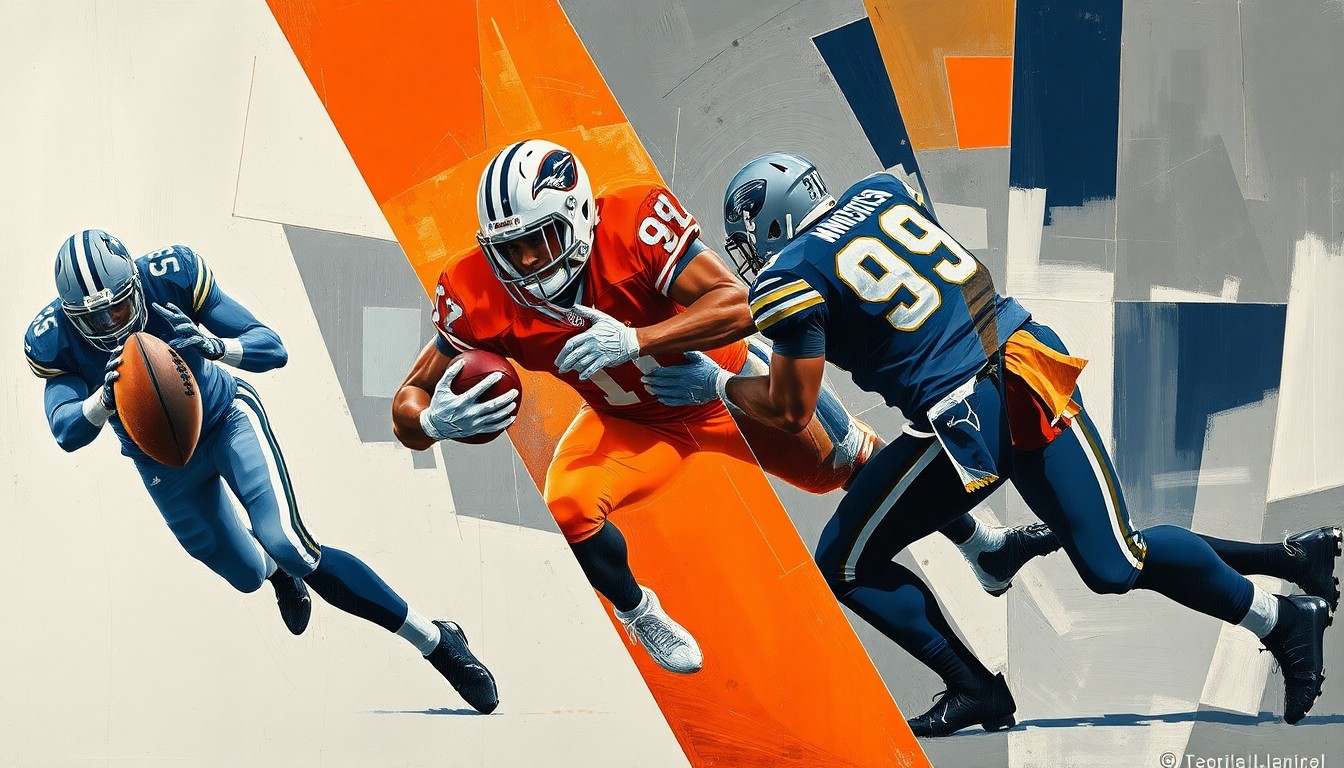 A fragmented, geometric painting depicting a defensive tackle in motion, with sharp, overlapping shapes in muted tones conveying the intensity and dynamism of the position.