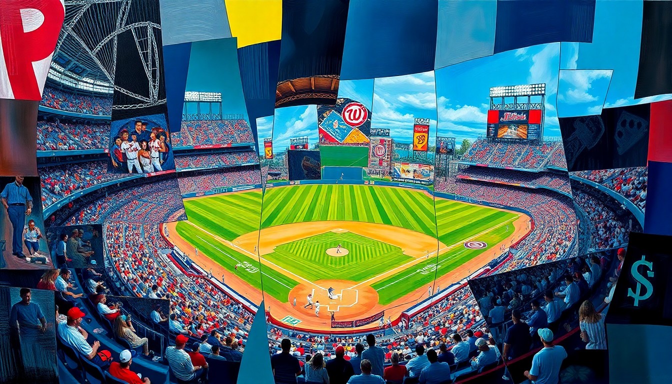 A cubist, geometric painting depicting a baseball game in fragmented, overlapping planes of color, representing the complex strategic considerations behind the Phillies' decision to bench their rookie center fielder.