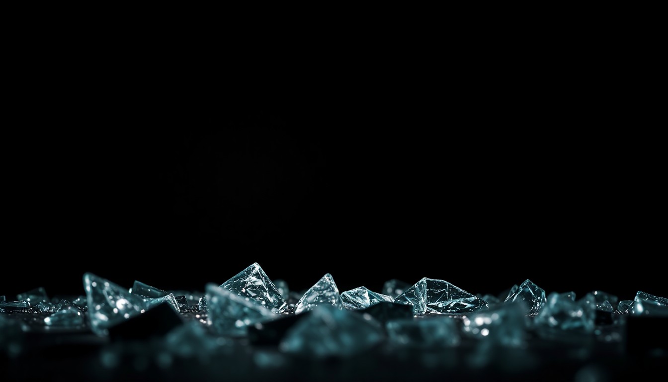 An extreme close-up photograph of broken glass shards on the ground, capturing the sharp, jagged textures and conceptually representing the violence and chaos of the reported fight.