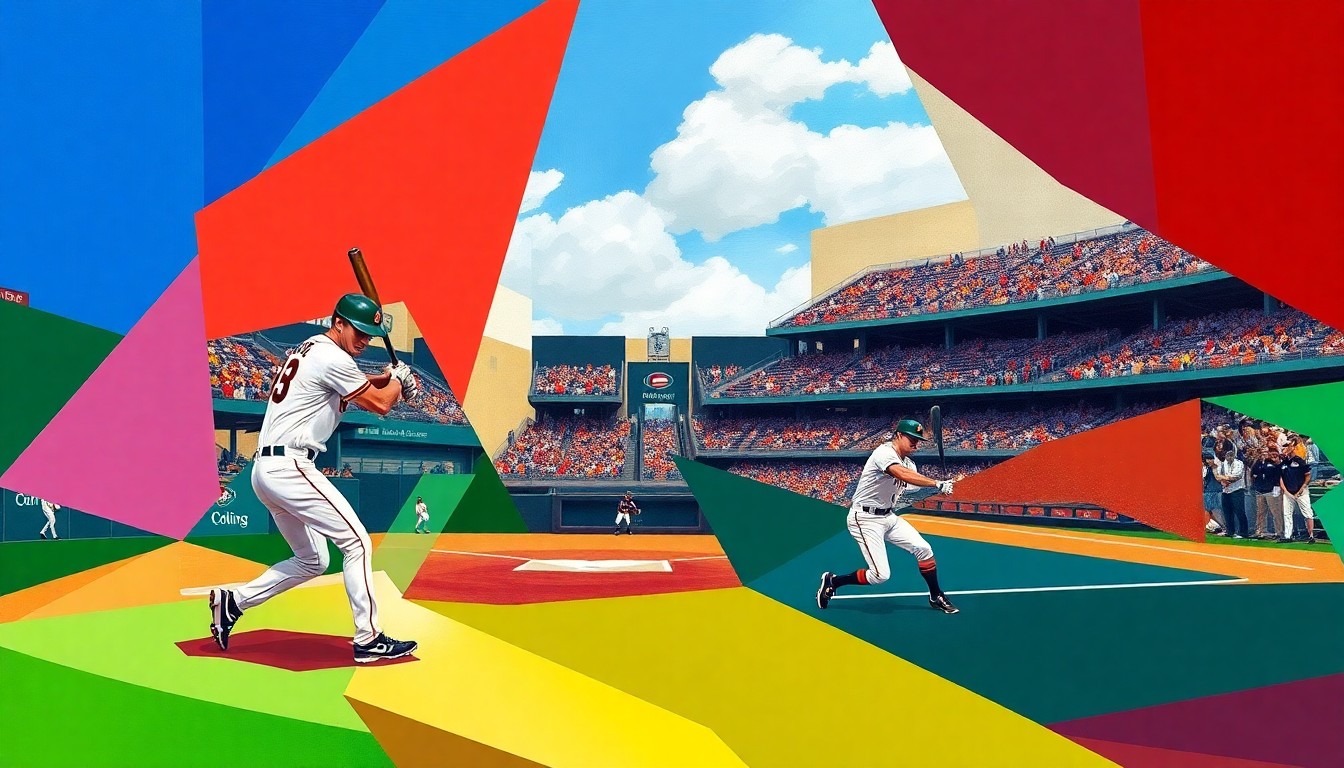 A cubist, geometric painting depicting a college baseball game, with the players' movements and the field of play broken down into sharp, overlapping shapes in the team colors of Ohio and Miami.
