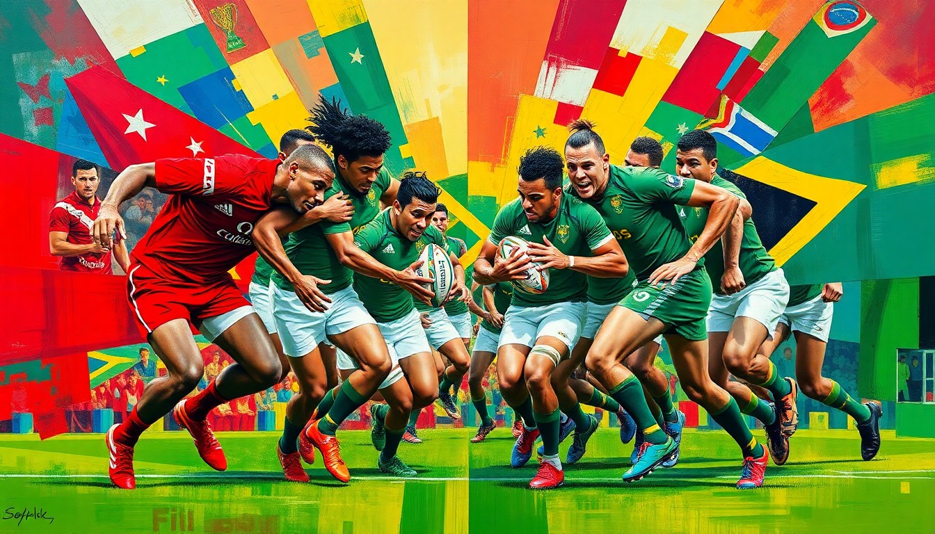 A cubist, geometric painting depicting a rugby sevens match between Fiji and South Africa, with the players' forms fractured and abstracted into overlapping planes of vibrant red, green, and gold colors.