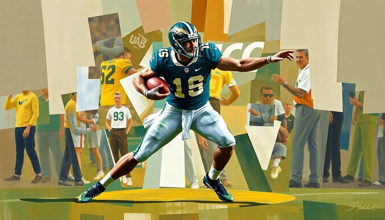 A cubist, geometric painting depicting a UAB football player making a blocking play, with the player's form broken down into overlapping planes of color and shape.