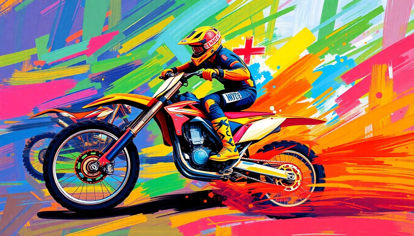 An abstract, expressionist painting in bright neon colors depicting the dynamic motion and energy of a motocross race, with blurred figures and vehicles dissolving into the energetic brushstrokes.