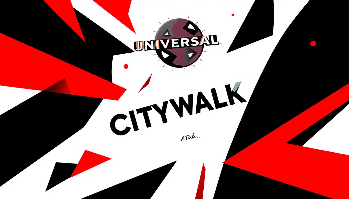 An abstract, minimalist illustration featuring sharp, angular shapes in black, white, and red, conveying the vibrant, multifaceted nature of the entertainment options at Universal CityWalk.