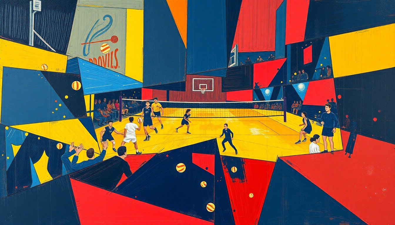 A cubist-style painting featuring fragmented geometric shapes in navy, red, and yellow, conceptually representing the energy and movement of a volleyball match.