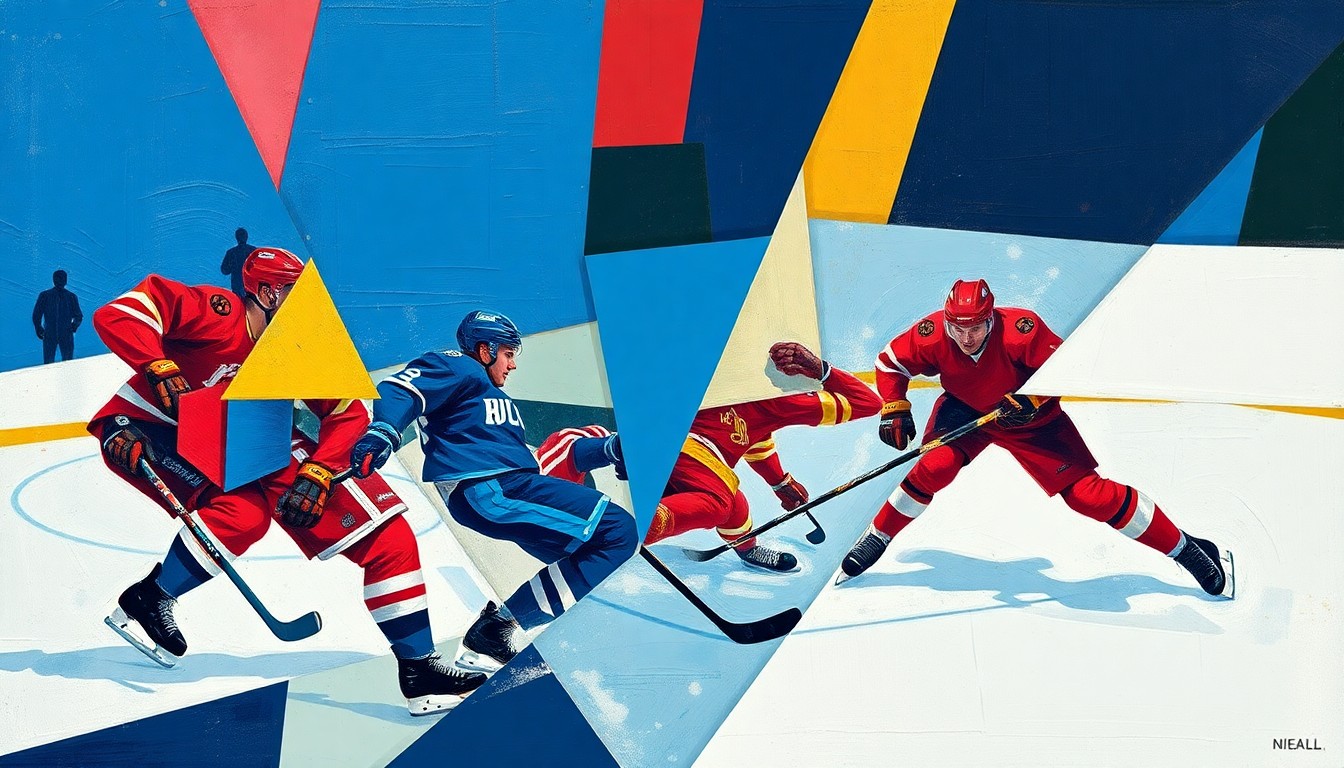A cubist, geometric painting depicting the chaotic action of a hockey game, with overlapping planes of blue, red, and gold representing the players, puck, and arena.