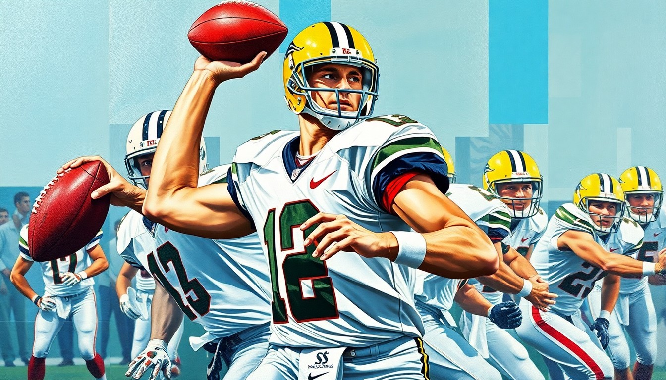 A fractured, cubist-style painting depicting the dynamic motion of a college football quarterback dropping back to pass, with the player's body and uniform broken down into sharp, overlapping geometric shapes and planes of color, creating a sense of energy and movement.