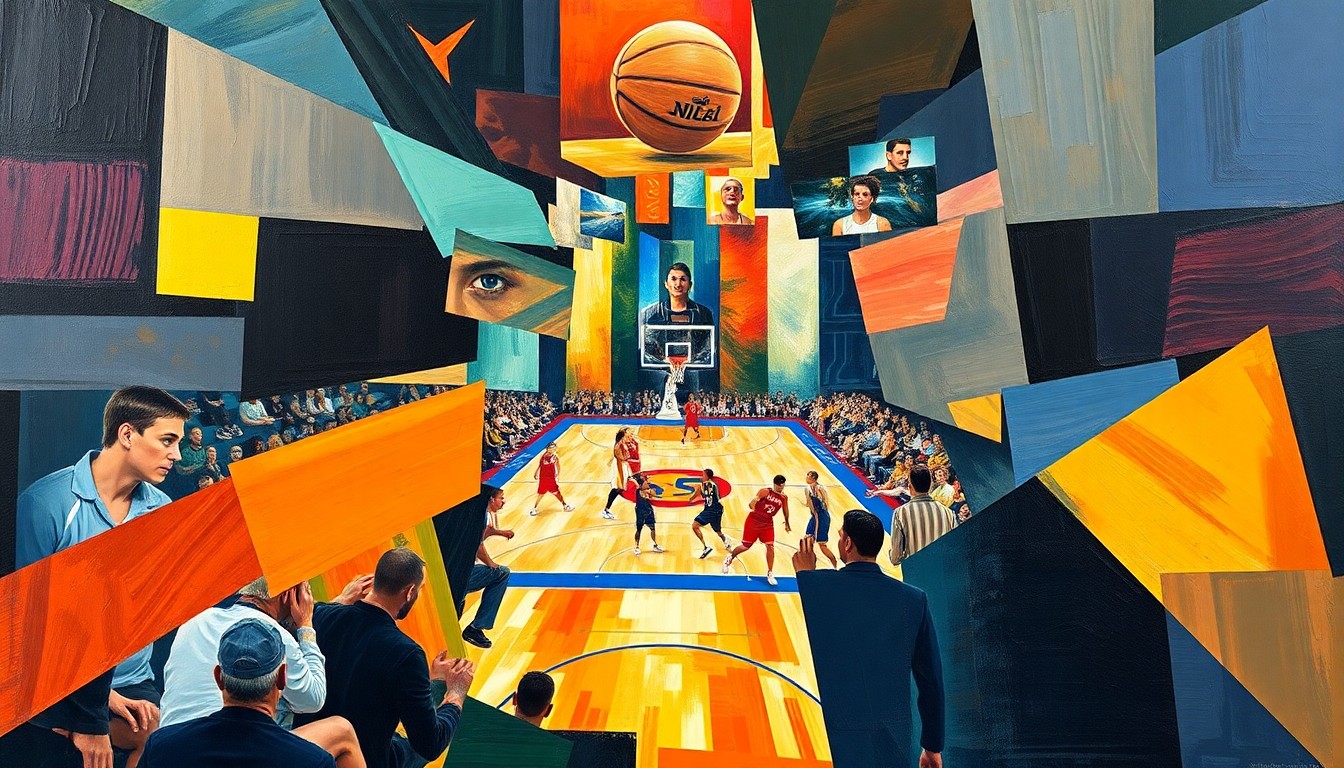 A cubist, geometric painting depicting a WNBA basketball game or match, with overlapping planes of color and shape representing the dynamic action and energy of the sport.