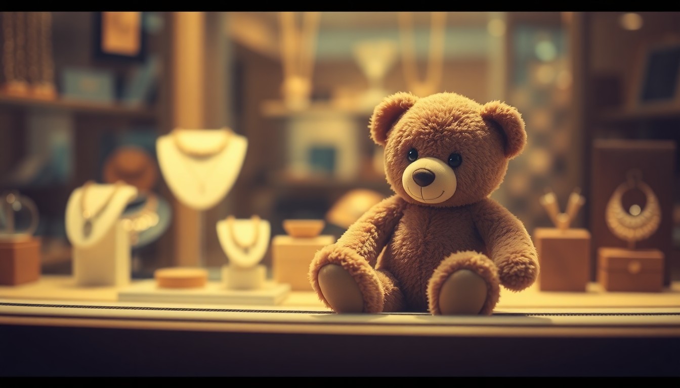 A soft, impressionistic photograph depicting a teddy bear sitting on a windowsill, with blurred reflections of jewelry and other store items in the background, conveying a sense of warmth and connection.