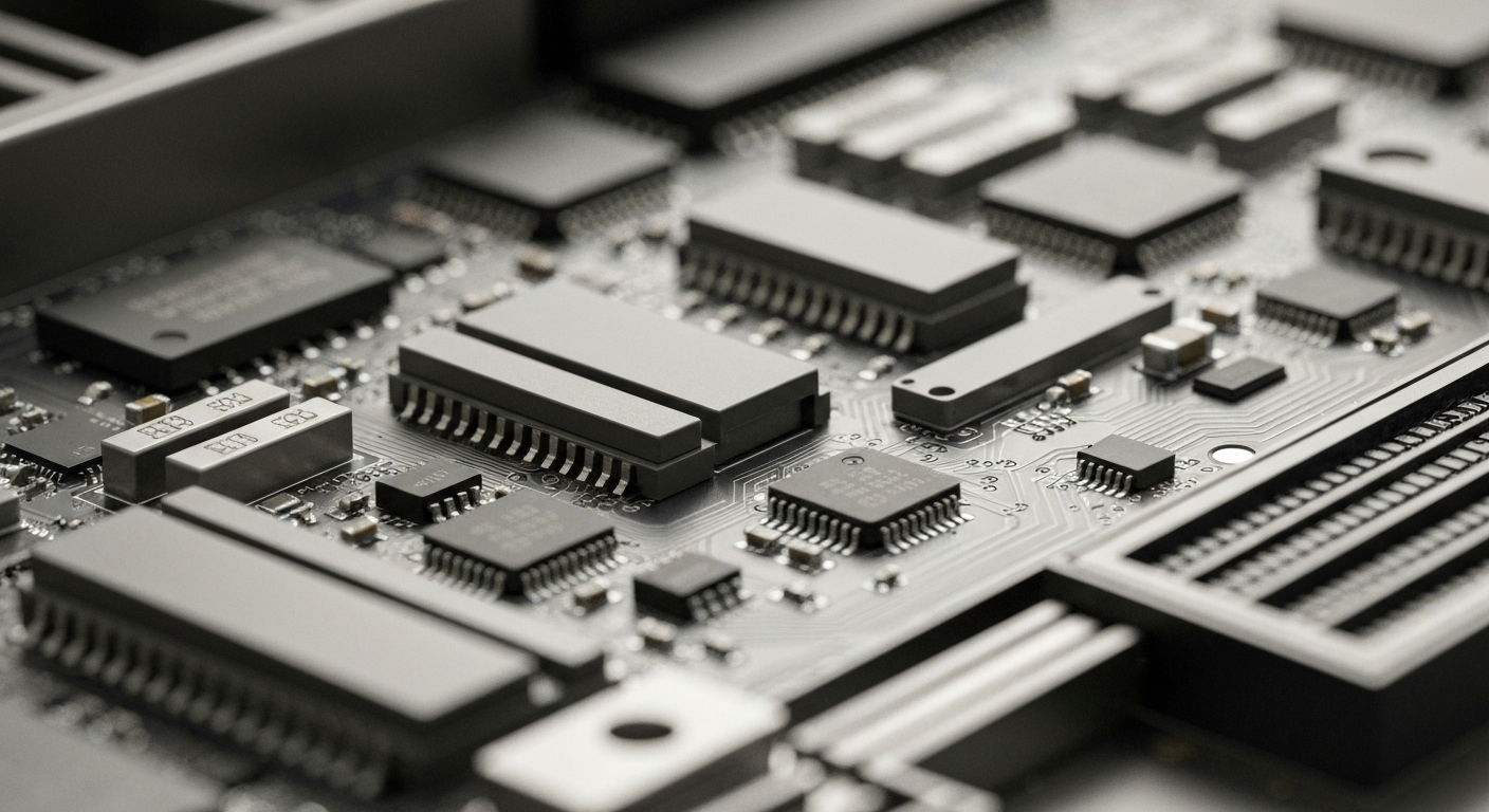 A highly detailed, cinematic macro photograph of complex computer circuit boards and components in muted metallic tones, conveying the advanced engineering behind Teradyne's innovative technology solutions.