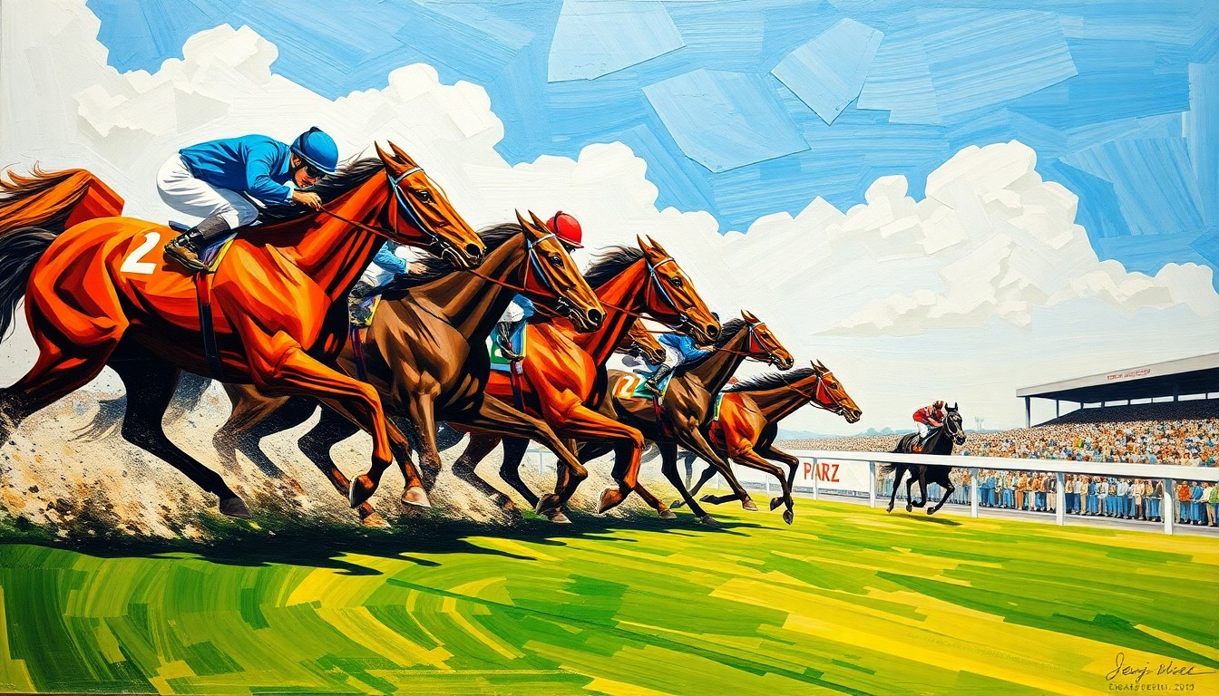A fractured, multi-perspective painting depicting the final stretch of a horse race, with the two winning horses surging towards the finish line in a climactic dead heat, their forms broken down into sharp, overlapping geometric planes of motion.