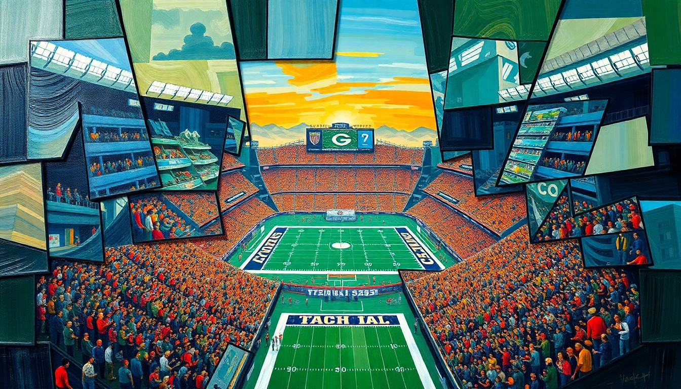 A cubist, geometric painting depicting the fractured elements of a football stadium, its surrounding cityscape, and the energy of a game day crowd, using vibrant colors like navy blue, forest green, and burnt orange.