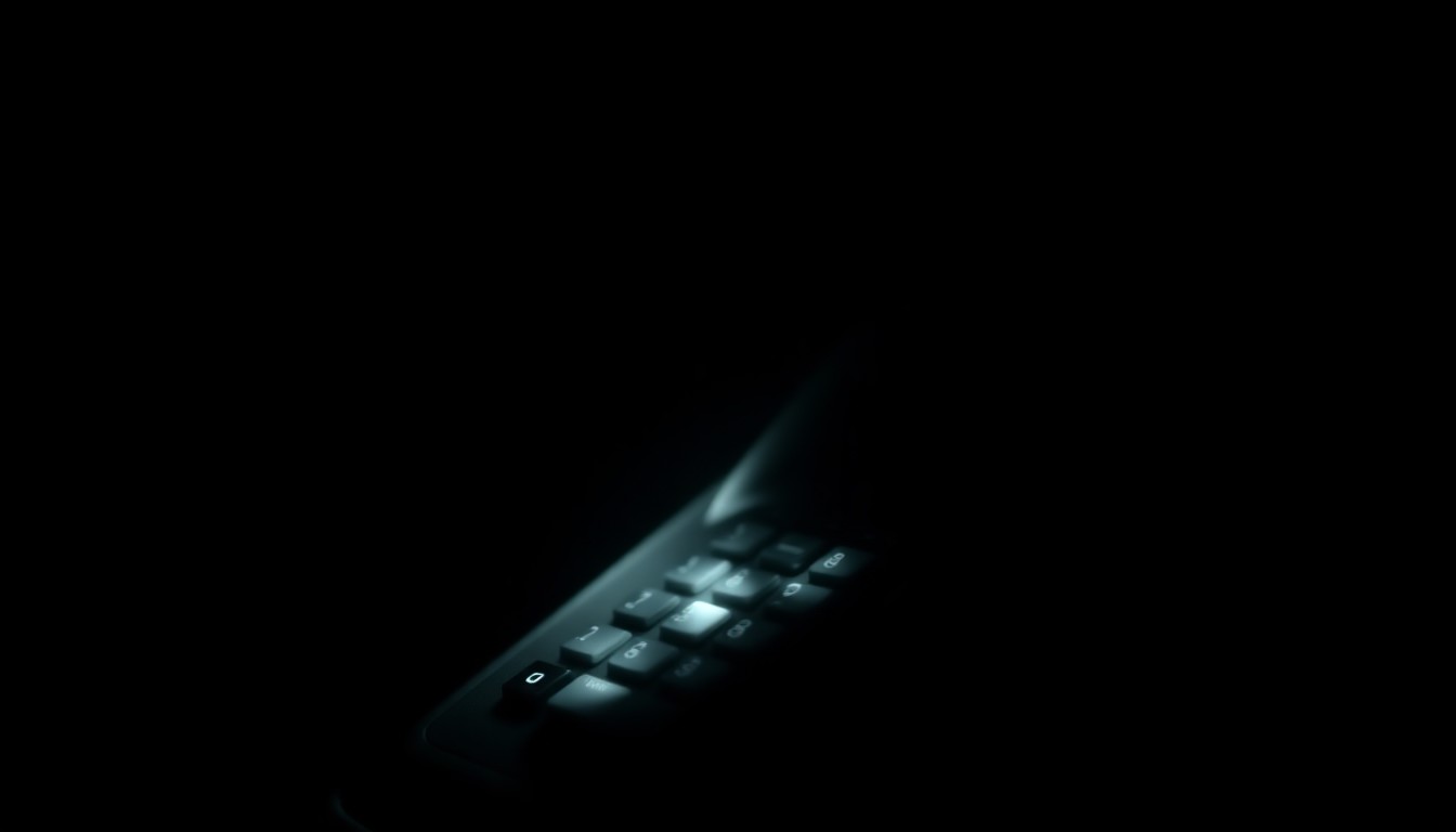 An extreme close-up photograph of a telephone headset and keypad lit by a harsh, direct camera flash against a pitch-black background, conceptually representing the critical role of telecommunication workers in emergency response.