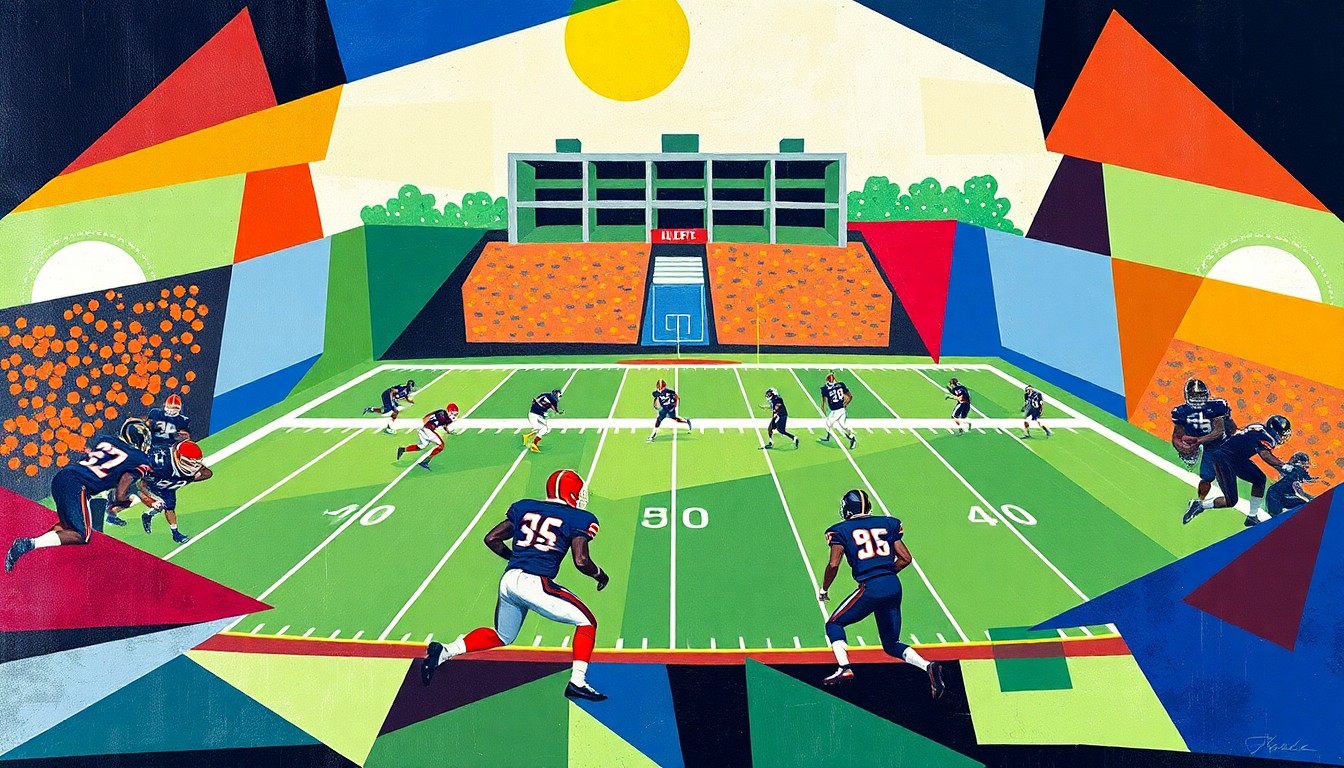 A cubist, geometric painting depicting a high school football game, with the players and field represented by bold, angular shapes in the team's colors.