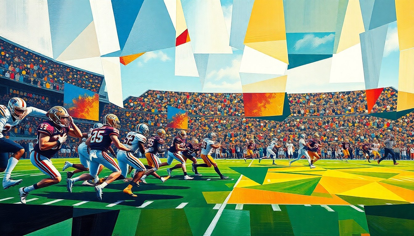A cubist, geometric painting depicting a college football game, with the players and field broken down into abstract shapes and colors, capturing the dynamic energy of the sport.