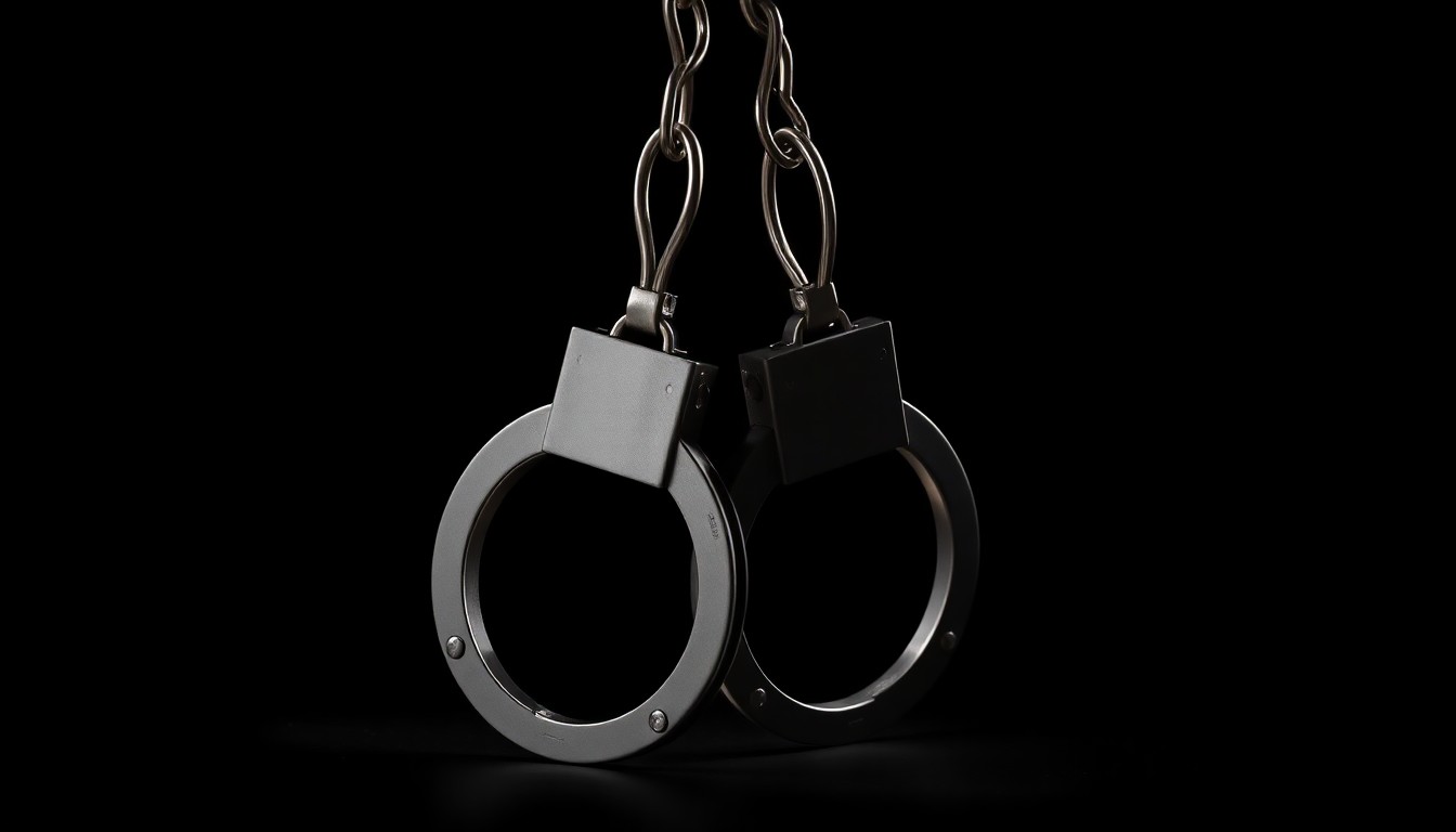 An extreme close-up of a pair of handcuffs against a stark, black background, capturing the gritty, investigative nature of this developing crime story.