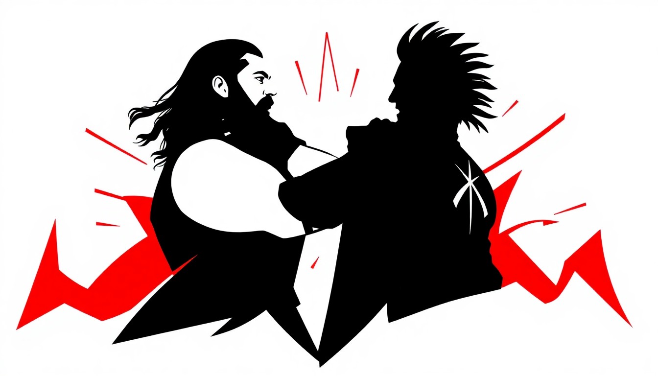 A bold, abstract composition of stark black silhouettes and geometric shapes in high-contrast red and white, conceptually representing the intense showdown between Roman Reigns and Cody Rhodes at WrestleMania.