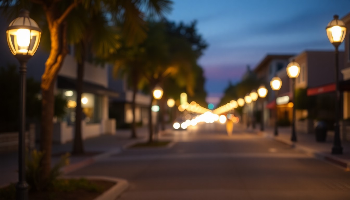 An out-of-focus nighttime street scene in Hillcrest, with warm, glowing pools of light from the newly restored pedestrian-scale streetlights, conveying a sense of community and optimism for the neighborhood's future.