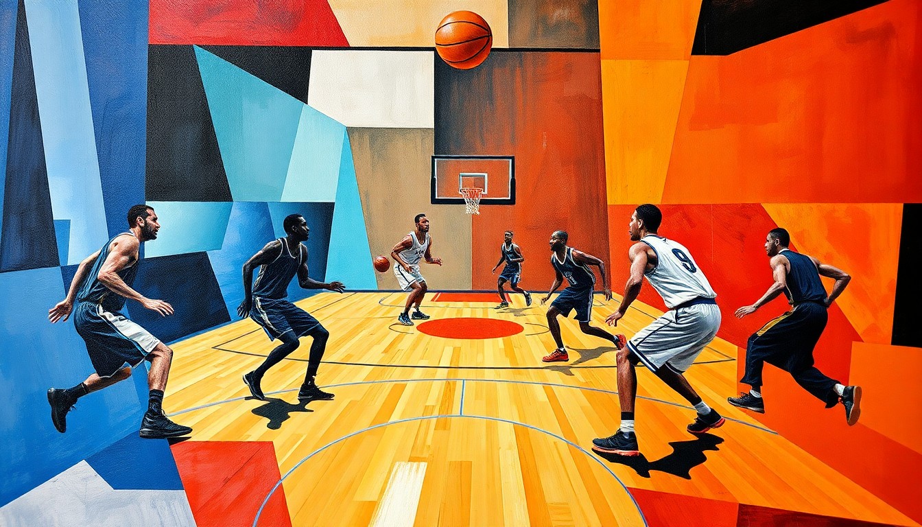 A cubist-style painting depicting a basketball game in motion, with the players' forms broken down into geometric shapes and planes of color, creating a sense of dynamic energy and chaos.