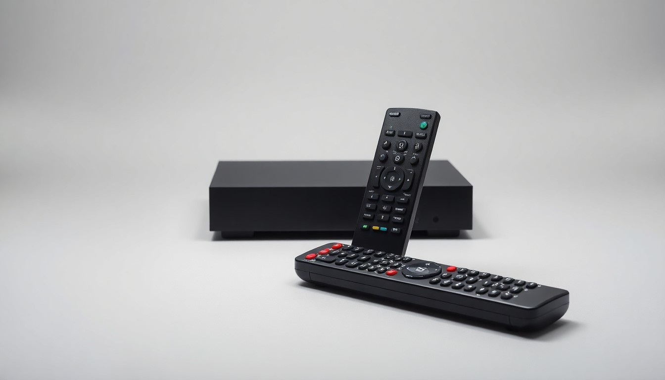 A minimalist, photorealistic studio still-life featuring a stack of ESPN-branded remote controls and a cable box on a clean, monochromatic background, symbolizing the abstract challenges faced by traditional media companies in the digital age.