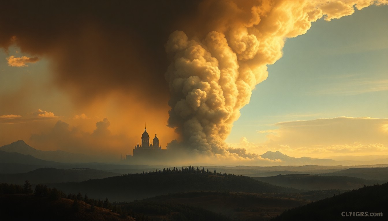 A sweeping, atmospheric landscape painting depicting a towering plume of smoke rising from a distant, partially obscured building, conveying the overwhelming scale and drama of the fire through the use of dramatic lighting and deep perspective.