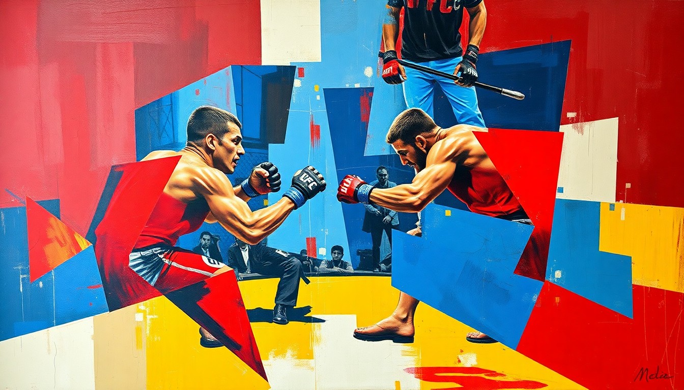 A cubist-style painting featuring fragmented, overlapping geometric shapes in vibrant colors, conceptually representing the action and movement of a UFC fight.