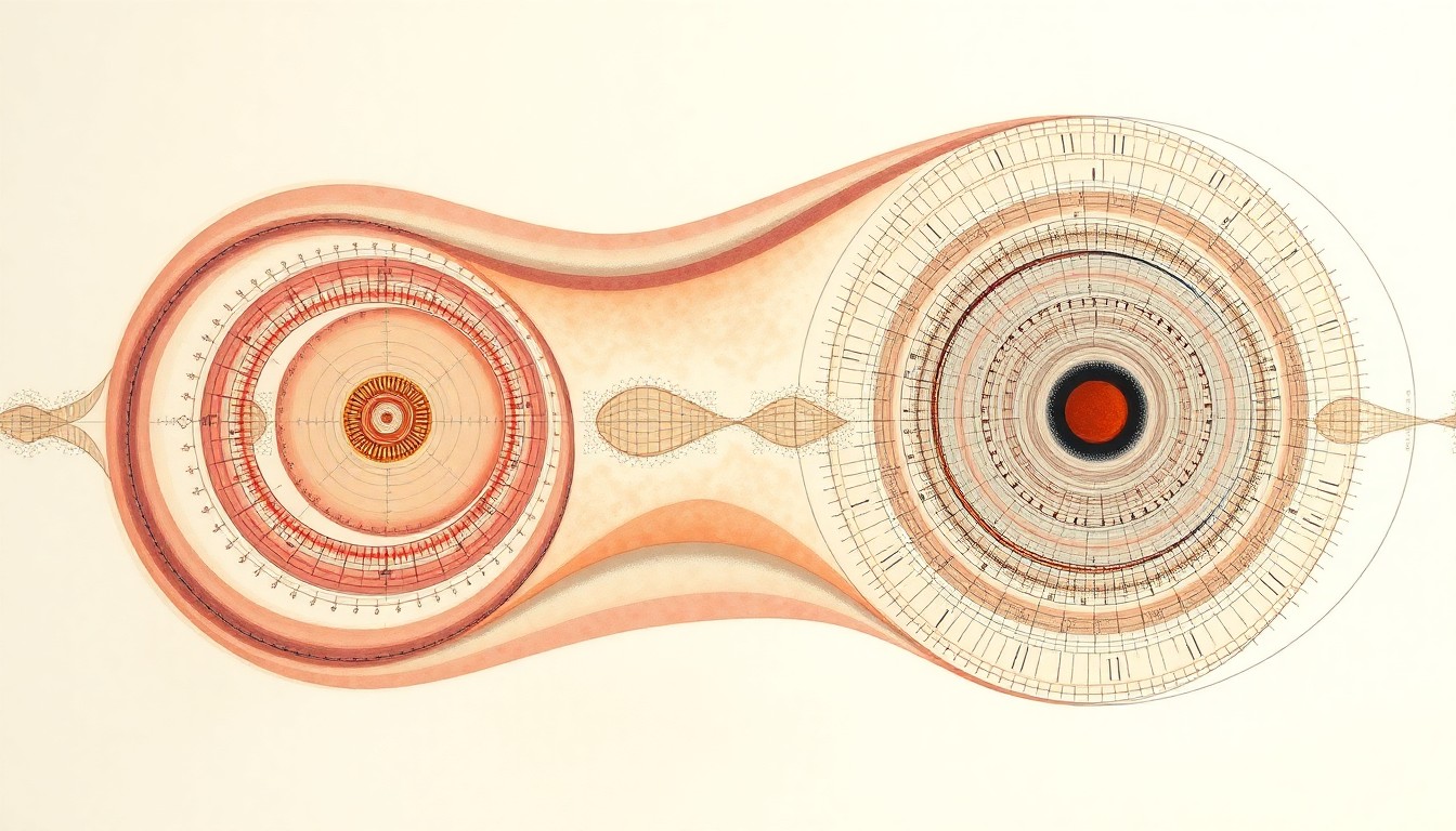 A highly structured abstract painting in soft, flat colors depicting intricate cellular structures, geometric arcs, and intersecting waveforms, conceptually representing the scientific breakthrough in cellular rejuvenation.