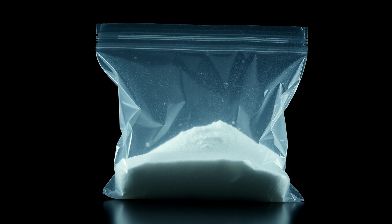 An extreme close-up of a small plastic bag containing a white powdery substance, creating a stark, gritty, investigative visual metaphor for the legal troubles facing the NFL player.