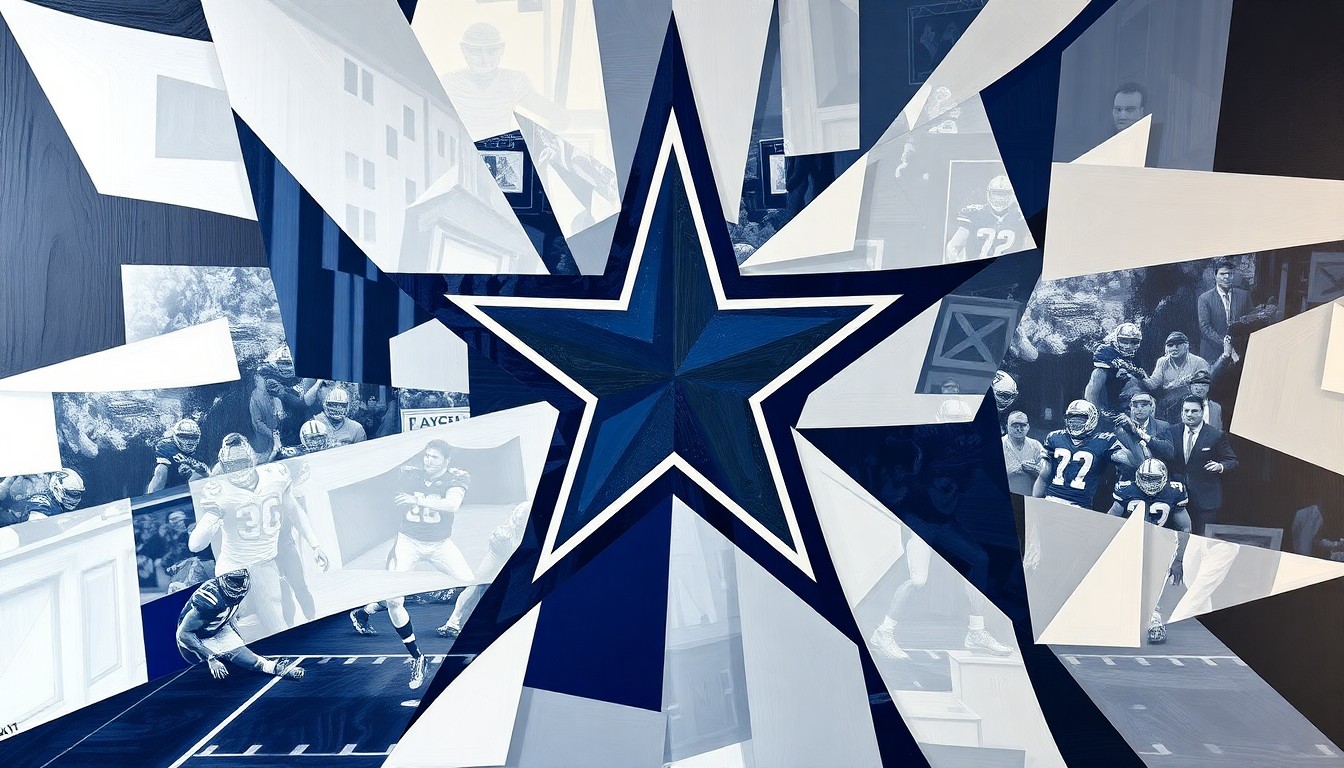 A fractured, cubist-style painting depicting a football game or draft event, with sharp geometric shapes and planes in the Dallas Cowboys' official colors of navy blue, silver, and white, representing the team's focus on defense.