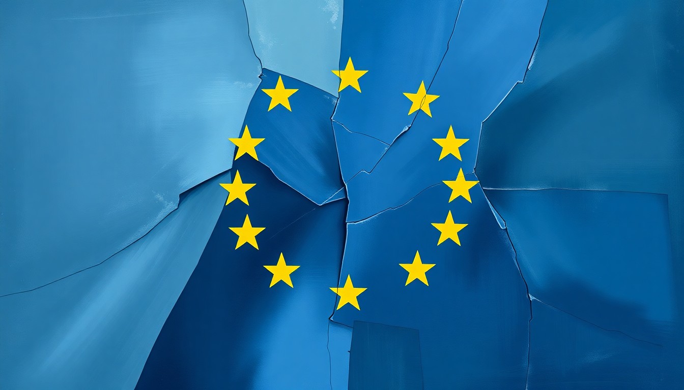 A dynamic, abstract painting featuring overlapping, fractured geometric shapes in muted tones of blue, grey, and yellow, conveying a sense of motion and internal conflict within the European Union.