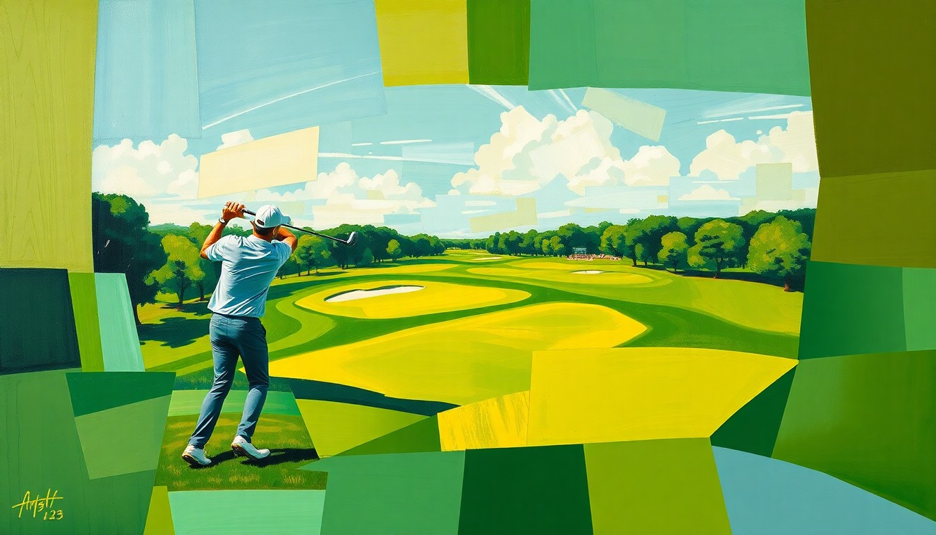 A cubist, geometric painting depicting a golfer's swing and the Augusta National golf course, with sharp, overlapping planes of emerald green, sky blue, and golden yellow, conceptually representing the artistic intricacies of the Masters tournament.