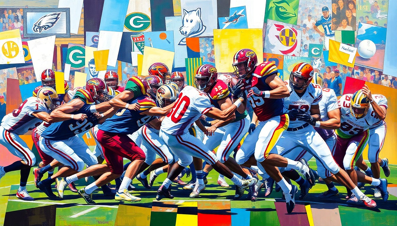 A cubist-style painting depicting a college football scrimmage, with players and the field broken down into sharp, overlapping geometric shapes and planes of vibrant colors, capturing the intensity and energy of the competition.
