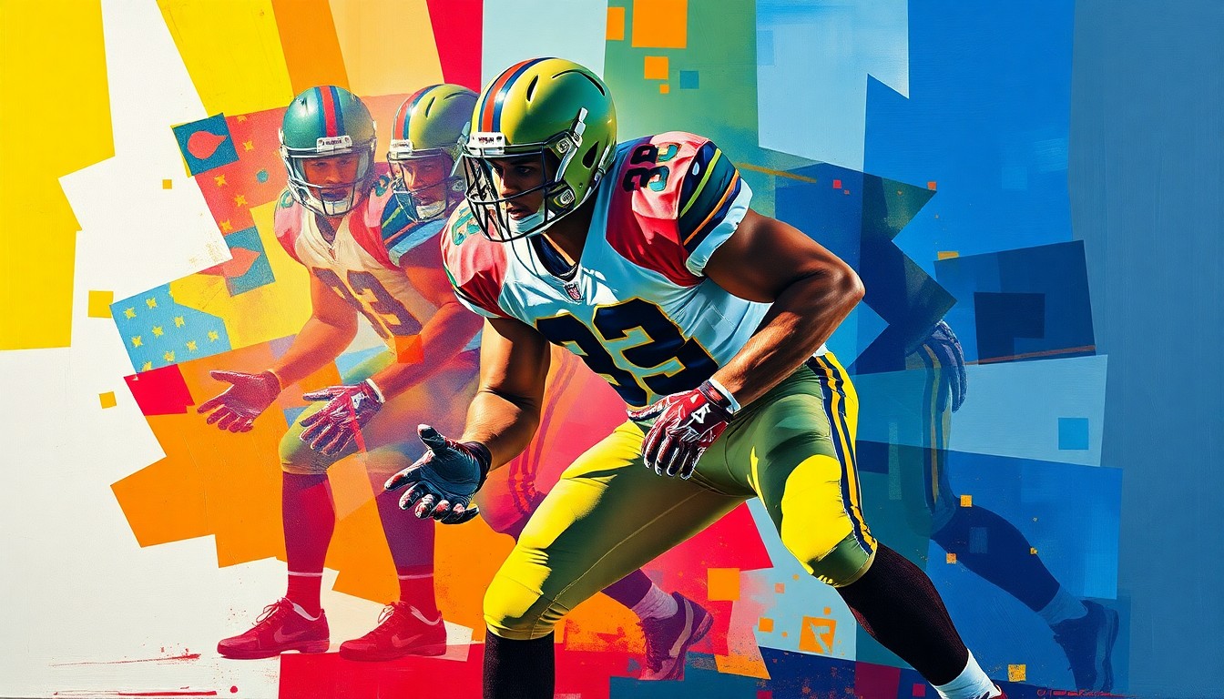 A fractured, geometric painting depicting a football player in a defensive stance, with sharp, overlapping planes of color representing the dynamic movements and energy of the sport.
