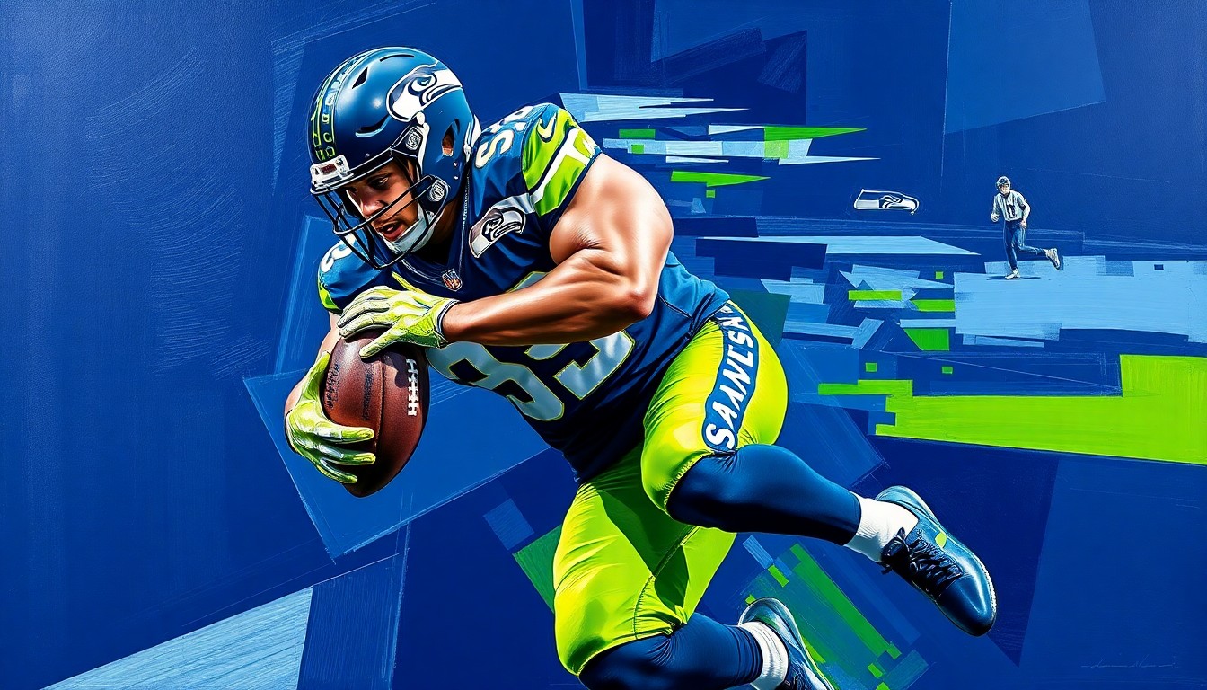 A fragmented, geometric painting depicting a Seattle Seahawks linebacker in the midst of a tackle, with sharp, overlapping planes of navy blue, lime green, and silver conveying the dynamic and adaptable nature of the position.