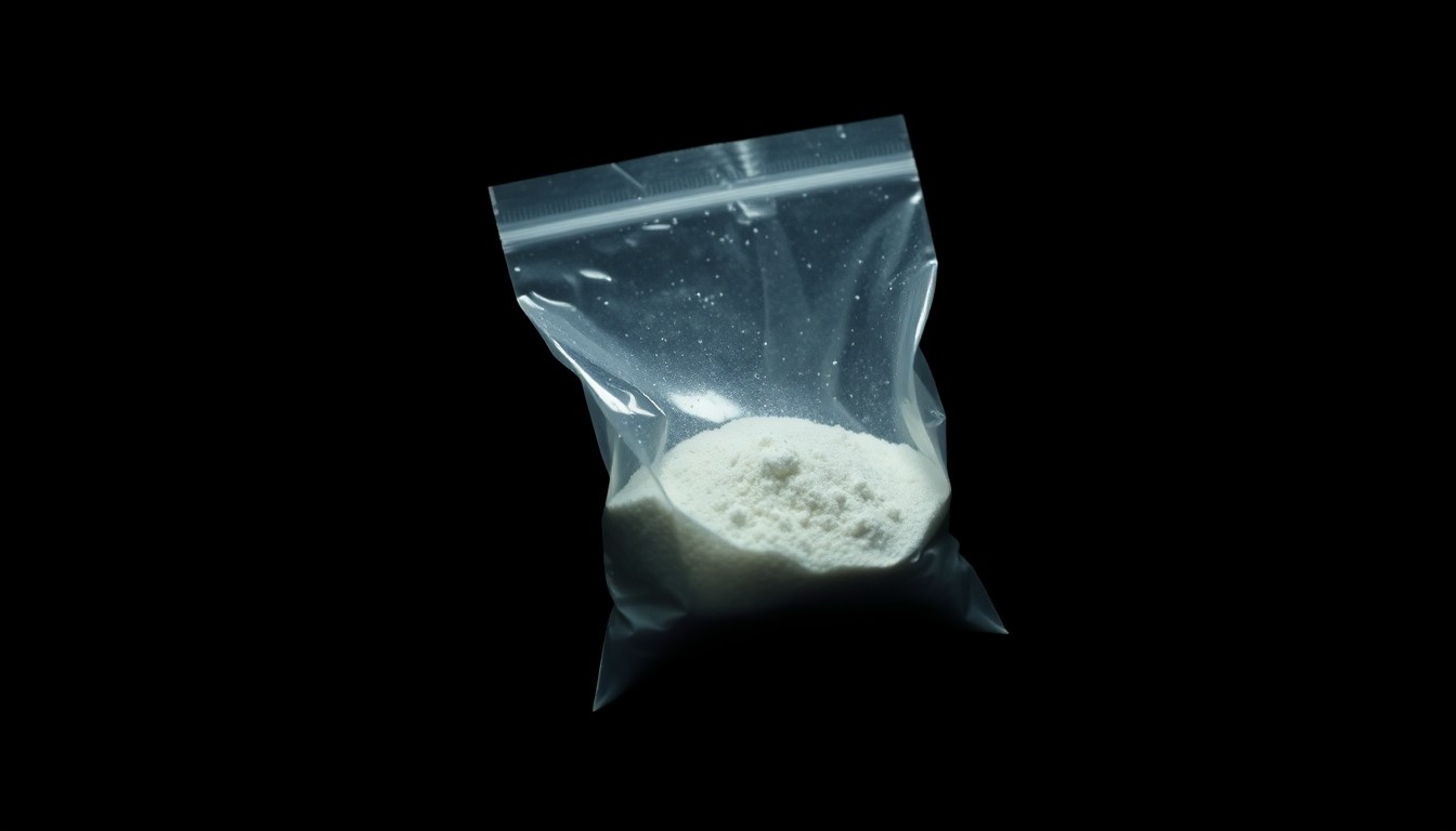 An extreme close-up of a small plastic bag containing a white powdery substance, reflecting the harsh lighting and dramatic shadows of a direct camera flash, conceptually illustrating the discovery of suspected narcotics during a police investigation.