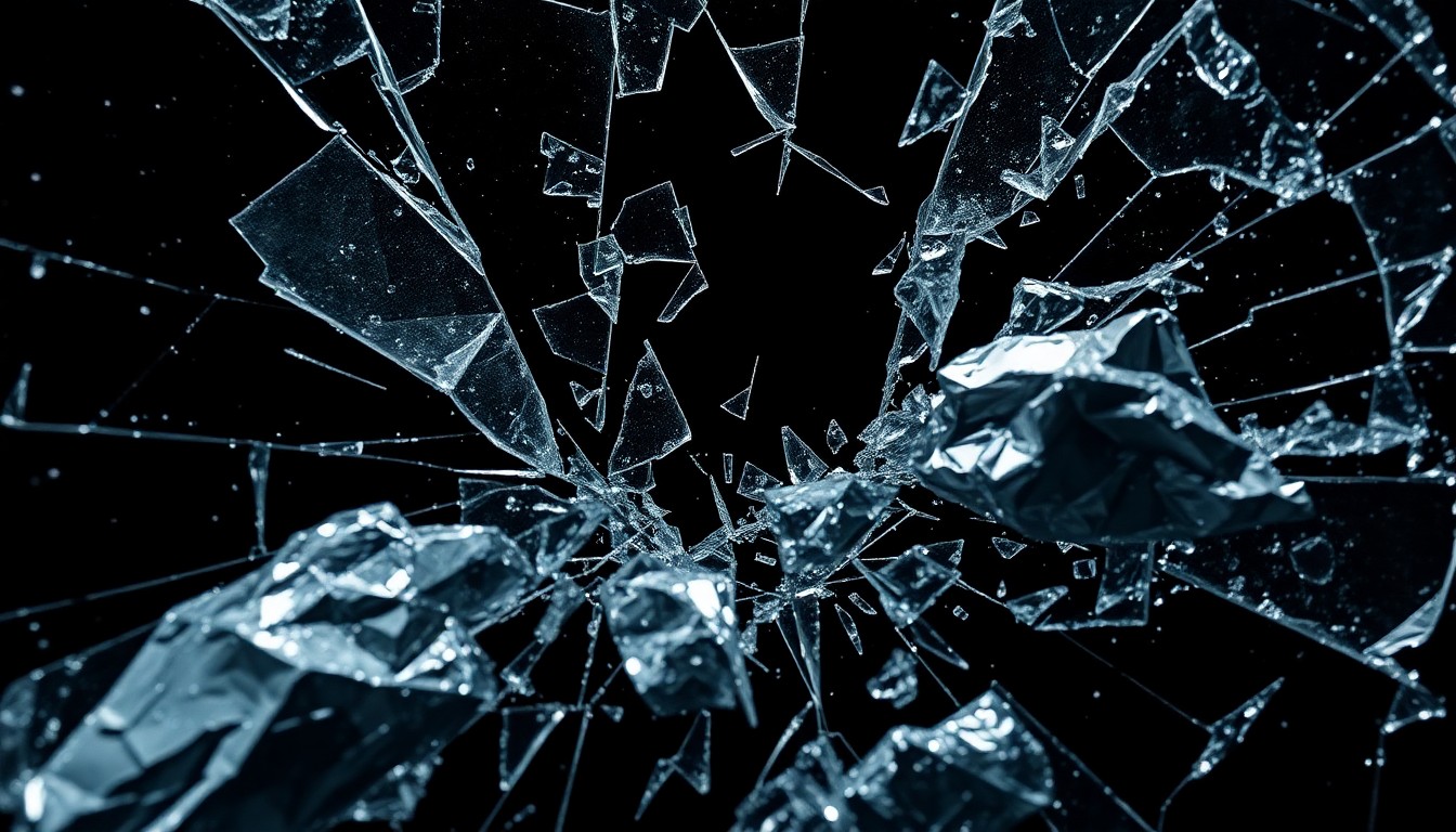 An abstract close-up image featuring shattered glass and crumpled metal textures in dramatic, high-contrast studio lighting, conveying the emotional turmoil and public scrutiny surrounding the Taylor Frankie Paul domestic violence case.