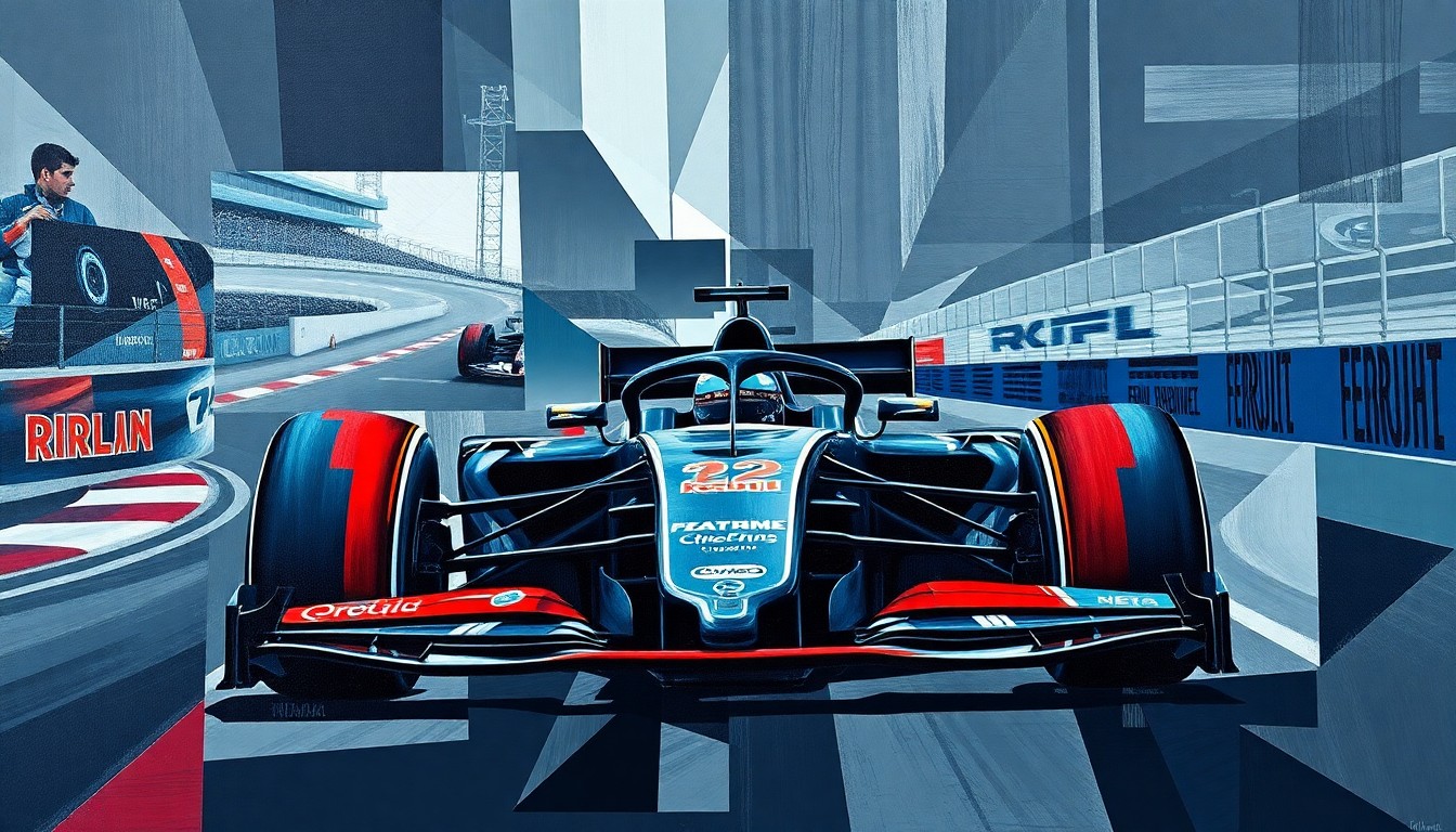 A cubist, geometric painting depicting a Formula 1 car and race track broken down into sharp, overlapping planes of dark grays, blues, and reds, conveying the strategic planning and development happening during the April break.