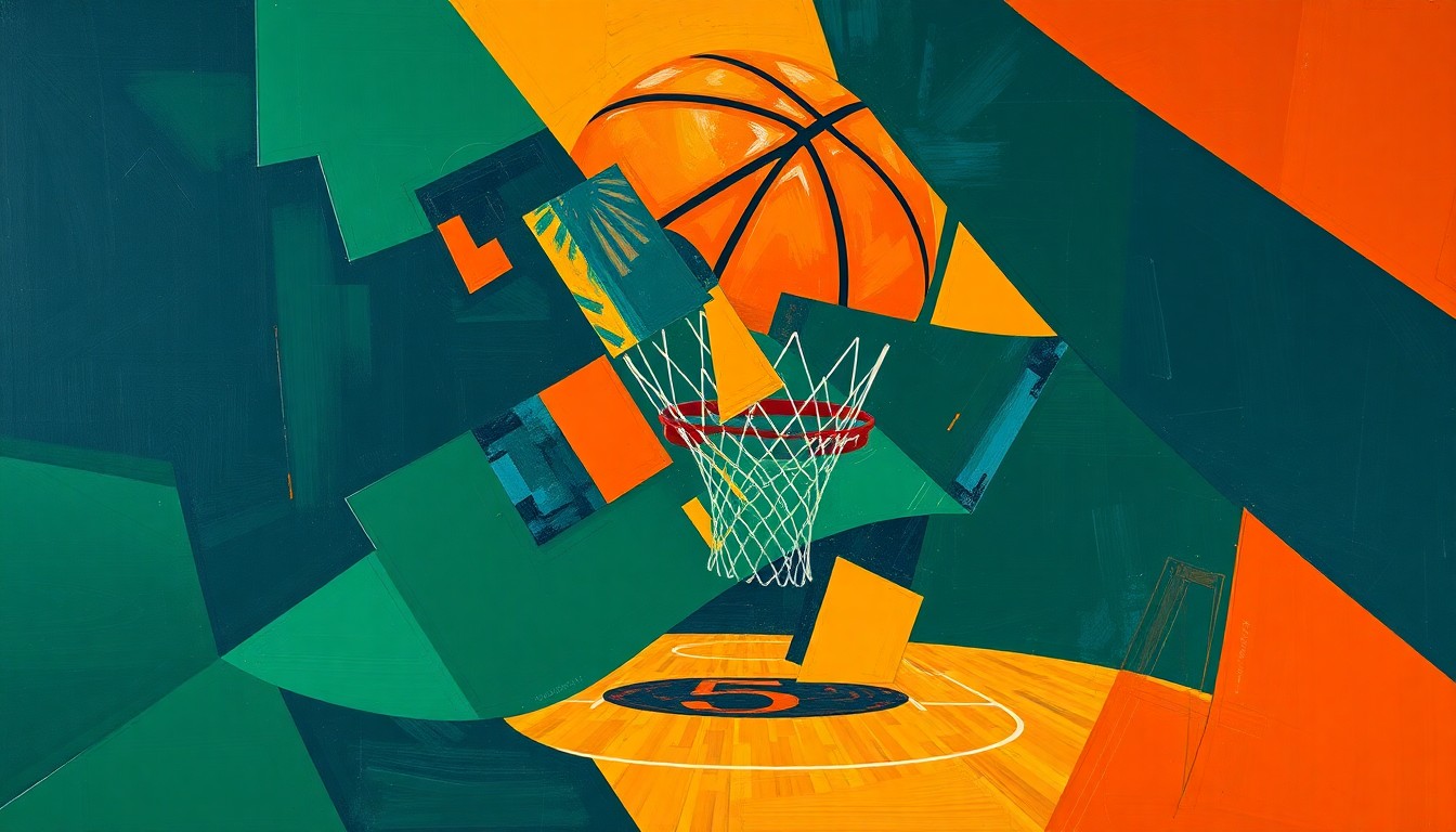 A cubist, geometric painting depicting a basketball game or match, with the players and court broken down into sharp, overlapping planes of color, capturing the dynamic energy of the sport.